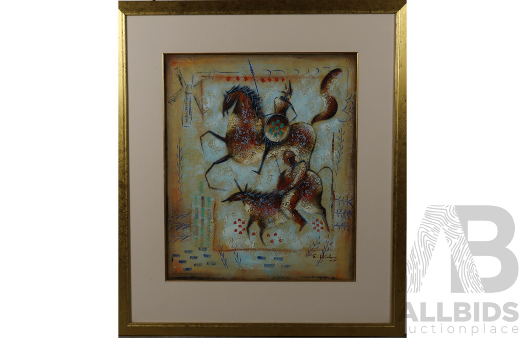 E. Geelong, (Date Unknown), Battle Horses, Mixed Media and Acrylic on Canvas, 91 x 79 cm (frame)