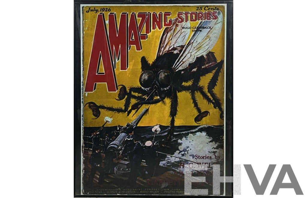 Artist Unknown, (20th Century), Amazing Stories by H.G. Wells, Jules Verne Et Al, Vintage Reproduction Colour Poster From July 1926 Original Cover Art, 77 x 61 cm (frame)