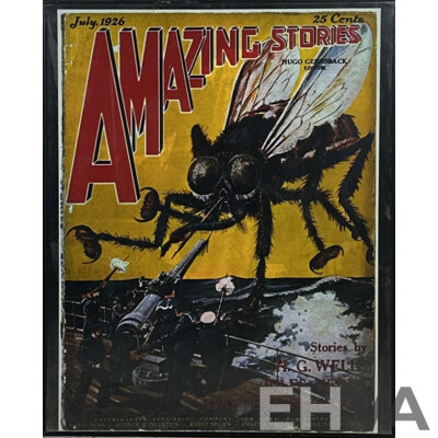 Artist Unknown, (20th Century), Amazing Stories by H.G. Wells, Jules Verne Et Al, Vintage Reproduction Colour Poster From July 1926 Original Cover Art, 77 x 61 cm (frame)