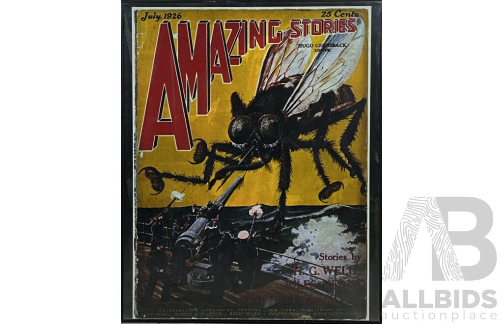 Artist Unknown, (20th Century), Amazing Stories by H.G. Wells, Jules Verne Et Al, Vintage Reproduction Colour Poster From July 1926 Original Cover Art, 77 x 61 cm (frame)
