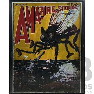 Artist Unknown, (20th Century), Amazing Stories by H.G. Wells, Jules Verne Et Al, Vintage Reproduction Colour Poster From July 1926 Original Cover Art, 77 x 61 cm (frame)