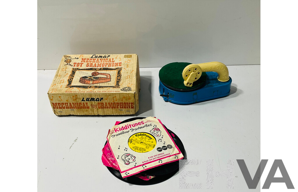 Vintage Marx Toys Lumar Mechanical Toy Gramophone with Collection of Records, Made in Great Britain