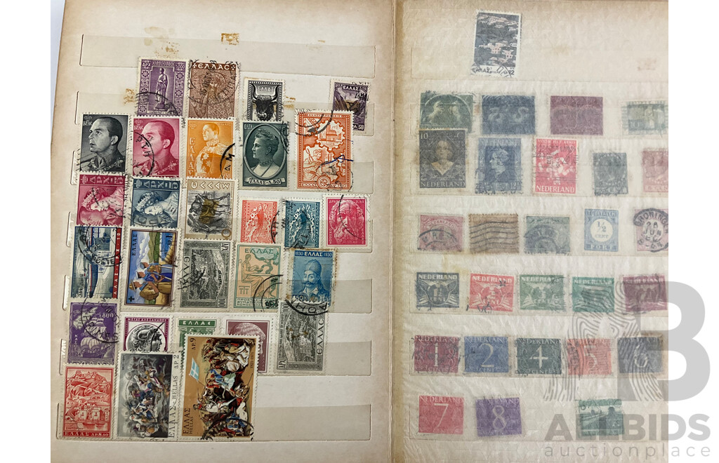 Album of International Antique and Vintage Stamps Including Germany, UK, Hong Kong, Magyar, Greece, Gibaltra,