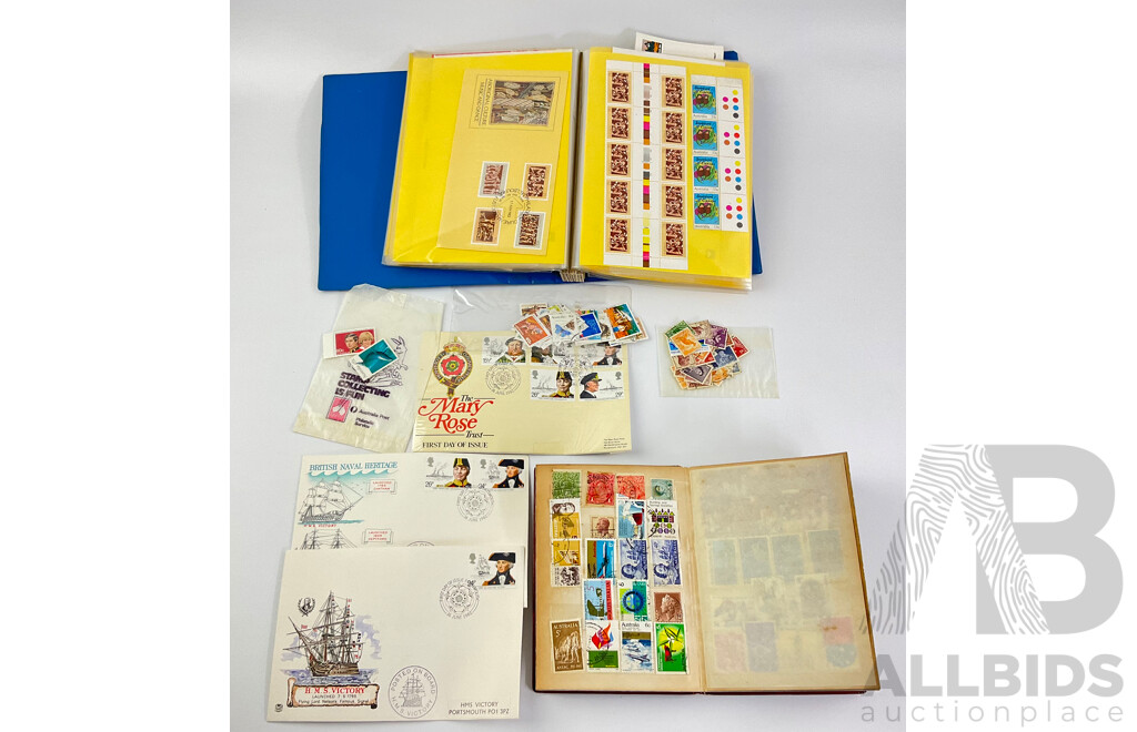 Australian Philately Including Album of Late 1970's and Early 1980's First Day Covers, 1982 Mint Stamp Blocks and Gutters, Cancelled Stamps Predecimal KGV-QE2 to 1980's