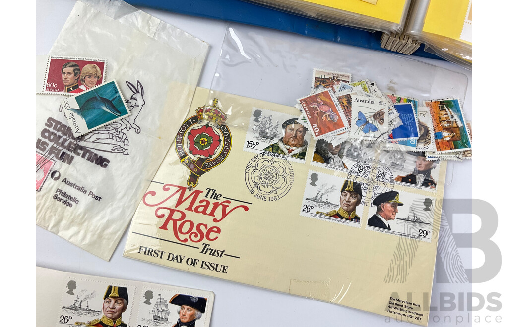 Australian Philately Including Album of Late 1970's and Early 1980's First Day Covers, 1982 Mint Stamp Blocks and Gutters, Cancelled Stamps Predecimal KGV-QE2 to 1980's