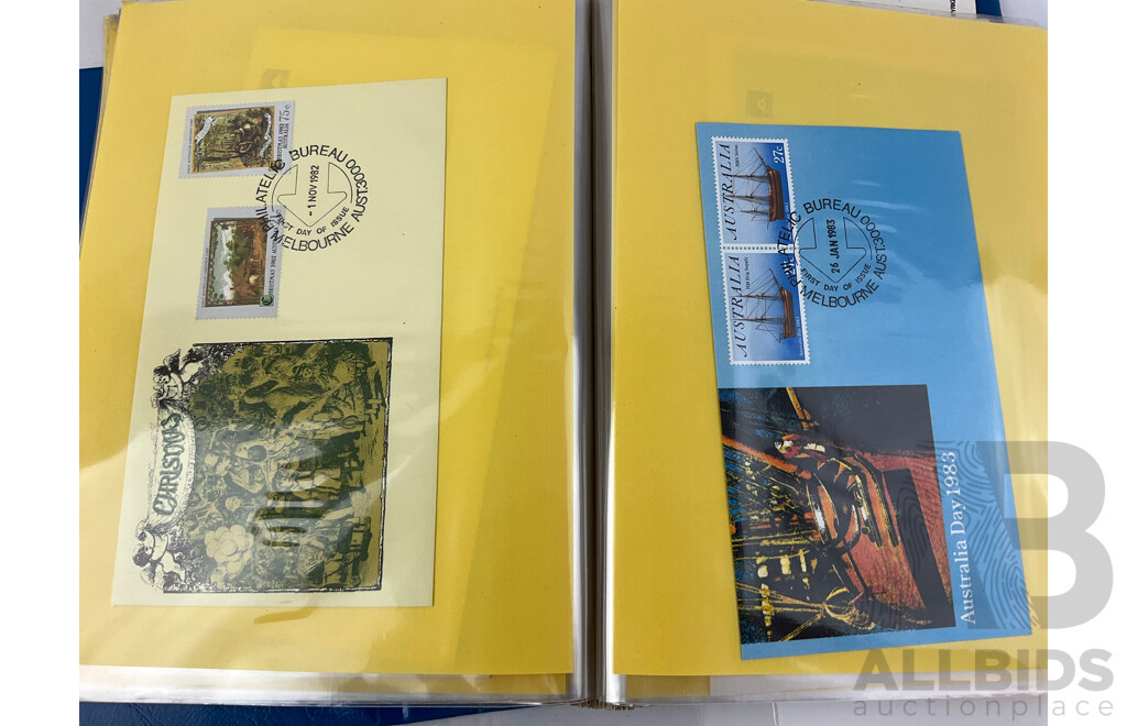 Australian Philately Including Album of Late 1970's and Early 1980's First Day Covers, 1982 Mint Stamp Blocks and Gutters, Cancelled Stamps Predecimal KGV-QE2 to 1980's