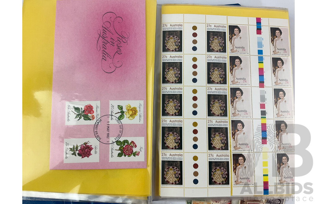 Australian Philately Including Album of Late 1970's and Early 1980's First Day Covers, 1982 Mint Stamp Blocks and Gutters, Cancelled Stamps Predecimal KGV-QE2 to 1980's