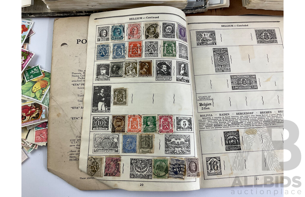 Collection of International Antique/Vintage Stamps Including ETA Postage Stamps of the World , Thailand, Turkey, Cayman Islands, New Zealand, USA, USSR, China, Belize, Australia, Japan and More
