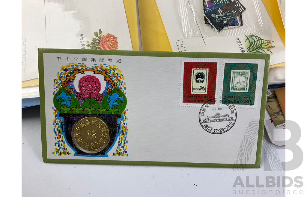 Collection of Vintage International Stamps Including Republic of China 1985 Album, First Day Covers and 1983 PNC, Isreal, Poland, Japan, Jamaica, New Zealand and More