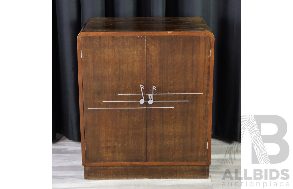 Good Art Deco Record Cabinet with Metal Musical Note Handles