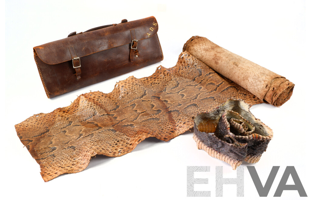 Vintage Large Python Skin with Leather Satchel Along with Another Non Tanned Dryed Example