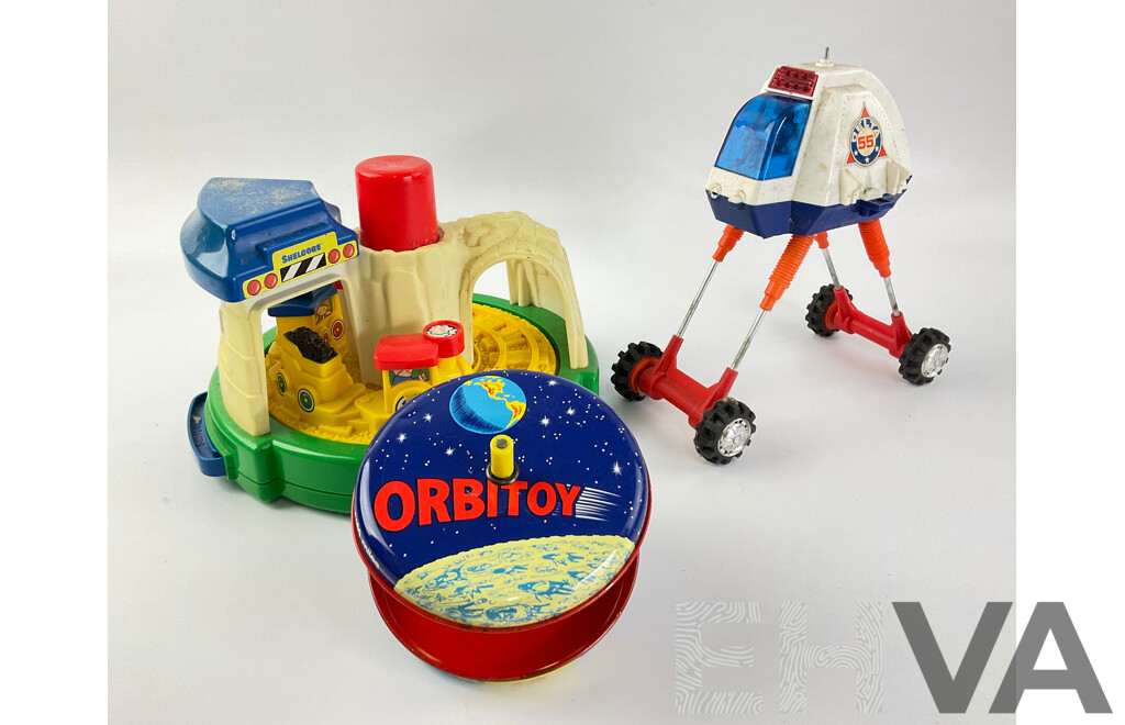 Vintage Pressed Steel Lincoln International Orbitoy, Yonezawa Delta 55 Lunar Explorer, Shelcore Train Loop