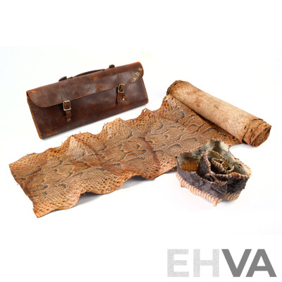 Vintage Large Python Skin with Leather Satchel Along with Another Non Tanned Dryed Example