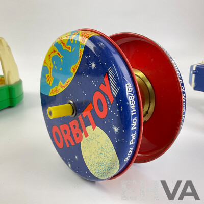 Vintage Pressed Steel Lincoln International Orbitoy, Yonezawa Delta 55 Lunar Explorer, Shelcore Train Loop