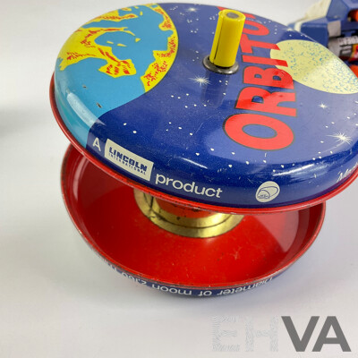 Vintage Pressed Steel Lincoln International Orbitoy, Yonezawa Delta 55 Lunar Explorer, Shelcore Train Loop