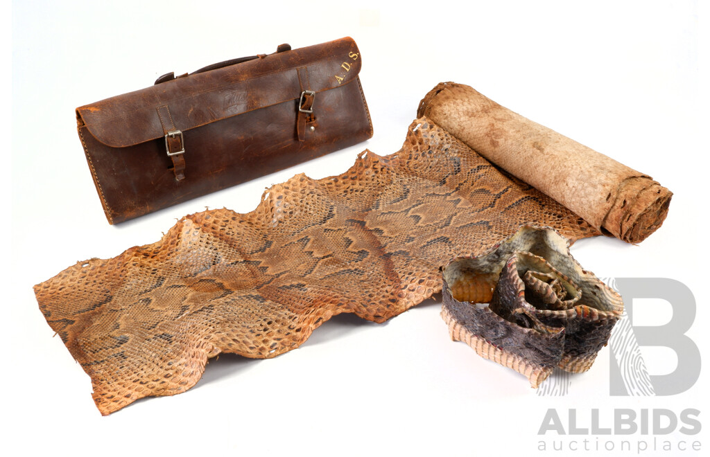 Vintage Large Python Skin with Leather Satchel Along with Another Non Tanned Dryed Example