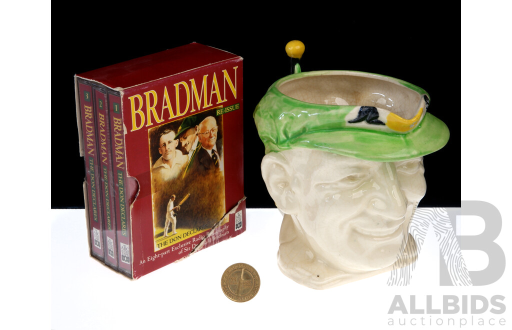 Donald Bradman Ceramic Character Jug by Maurutomware, Three Audio Cassette Tape Set the Don Declares & Sunday Telegraph Commemorative Medallion