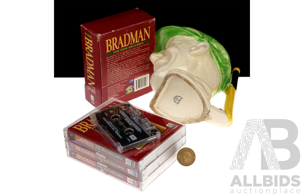 Donald Bradman Ceramic Character Jug by Maurutomware, Three Audio Cassette Tape Set the Don Declares & Sunday Telegraph Commemorative Medallion