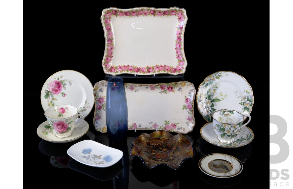 Collection Vintage Items Including Two Royal Doulton Porcelain Platters and Trio, Royal Albert Trio, Carnival Glass Bowl, Iittala Blue Glass Vase, Chokin Ware Display Plate and More