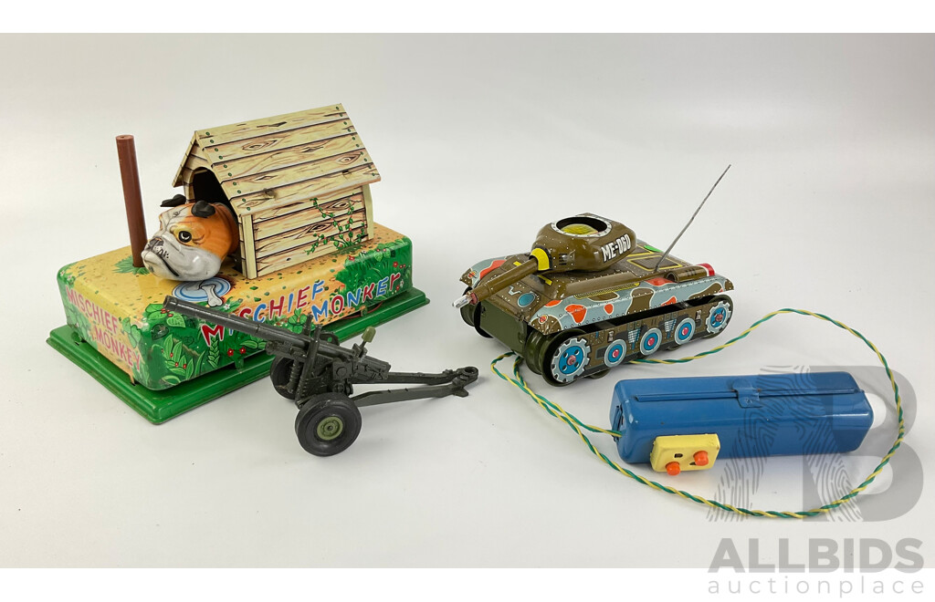 Vintage Pressed Steel Remote Controlled Tank, Modern Toys Mischief Monkey and Cresent Toys Diecast Cannon