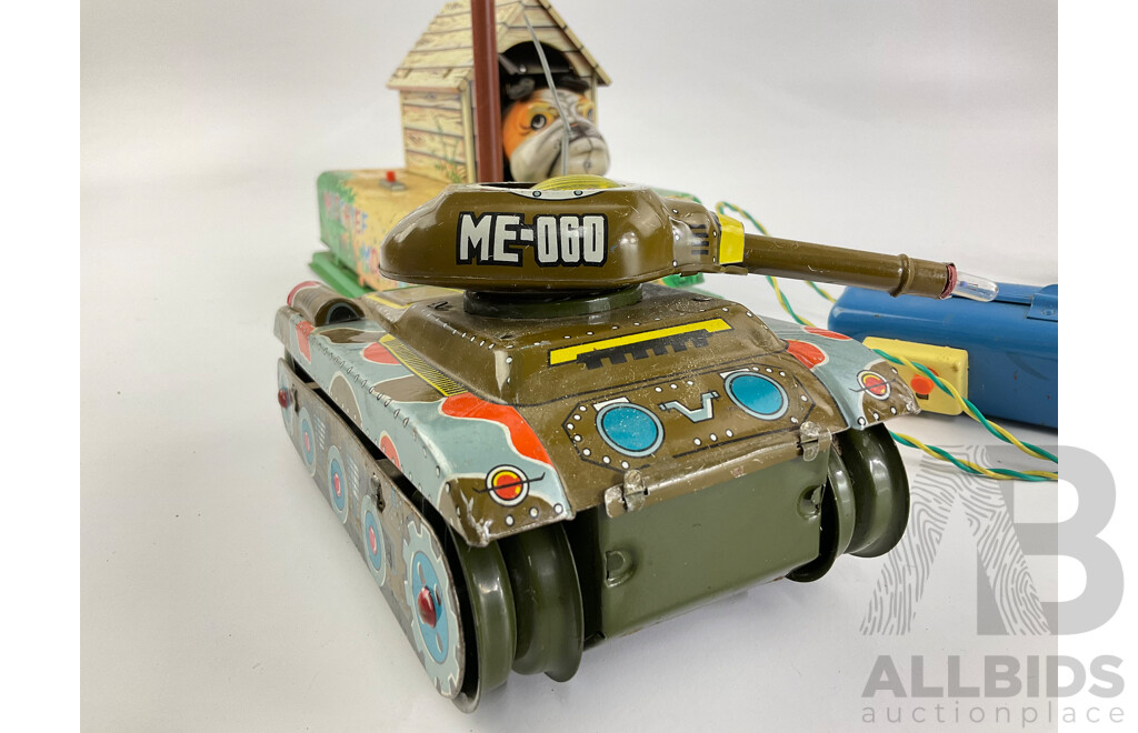 Vintage Pressed Steel Remote Controlled Tank, Modern Toys Mischief Monkey and Cresent Toys Diecast Cannon