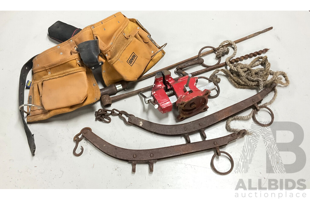 Vintage Horse Hames, Timber Boring Bits, Irwin Leather Tool Belt and Swivel Vice