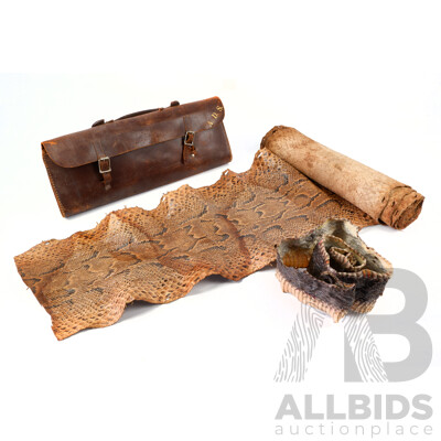 Vintage Large Python Skin with Leather Satchel Along with Another Non Tanned Dryed Example