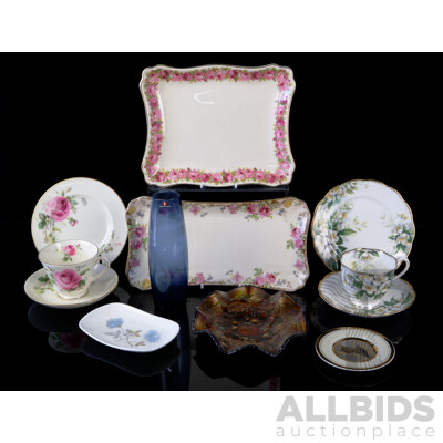 Collection Vintage Items Including Two Royal Doulton Porcelain Platters and Trio, Royal Albert Trio, Carnival Glass Bowl, Iittala Blue Glass Vase, Chokin Ware Display Plate and More