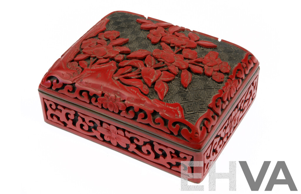 Chinese Carved Cinnabar Lidded Box with Floral Theme