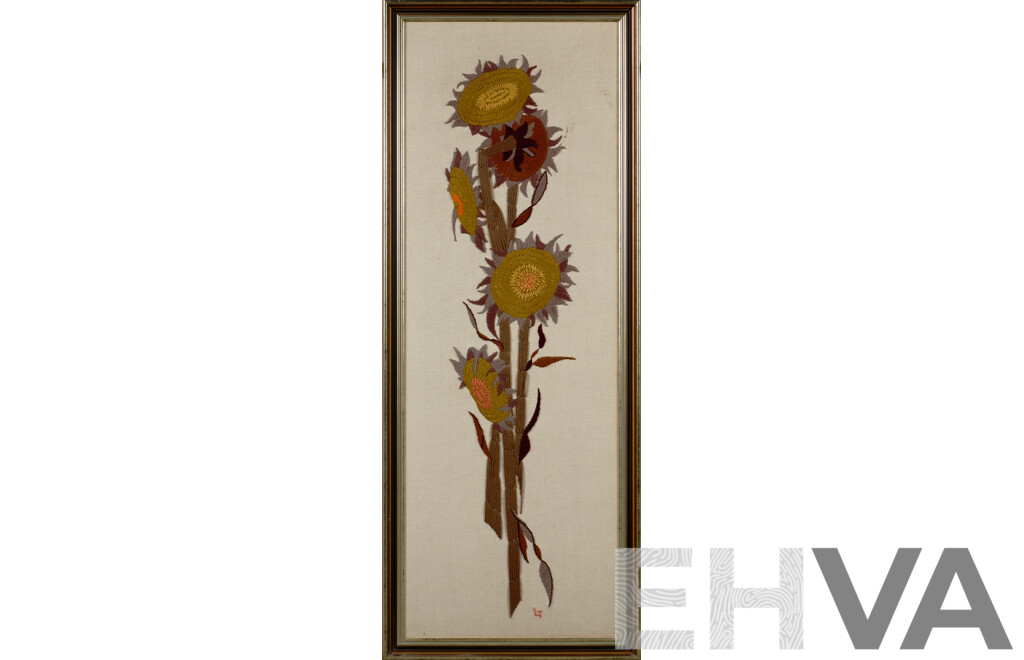 LT, (Exact Date Unknown), Sunflowers, Vintage Mid-Century Handmade Crewel Embroidery, 134.5 x 53.5 cm (frame)