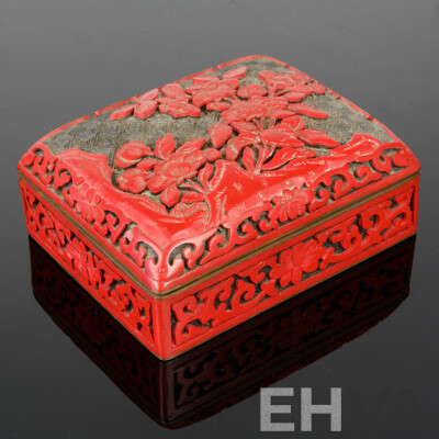 Chinese Carved Cinnabar Lidded Box with Floral Theme