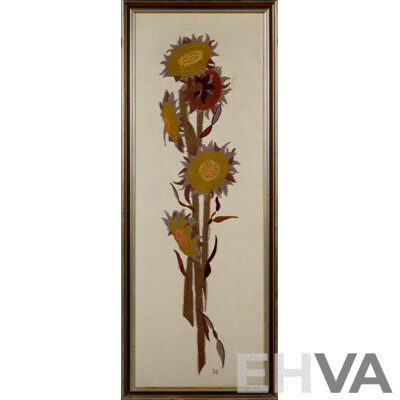 LT, (Exact Date Unknown), Sunflowers, Vintage Mid-Century Handmade Crewel Embroidery, 134.5 x 53.5 cm (frame)