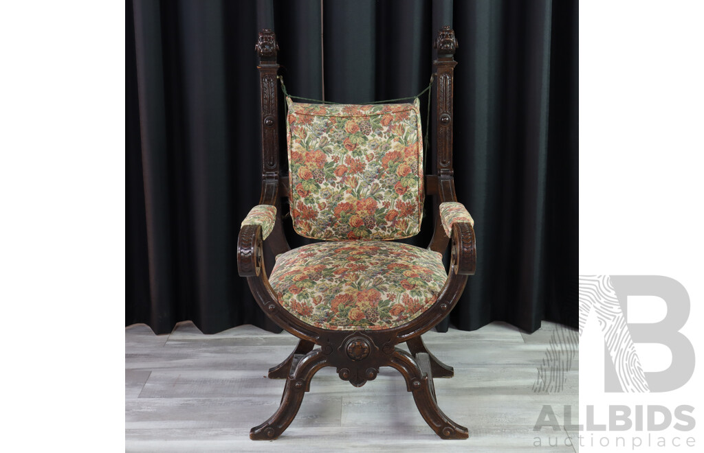 Antique Carved Wooden Throne Chair with Floral Fabric Upholstery