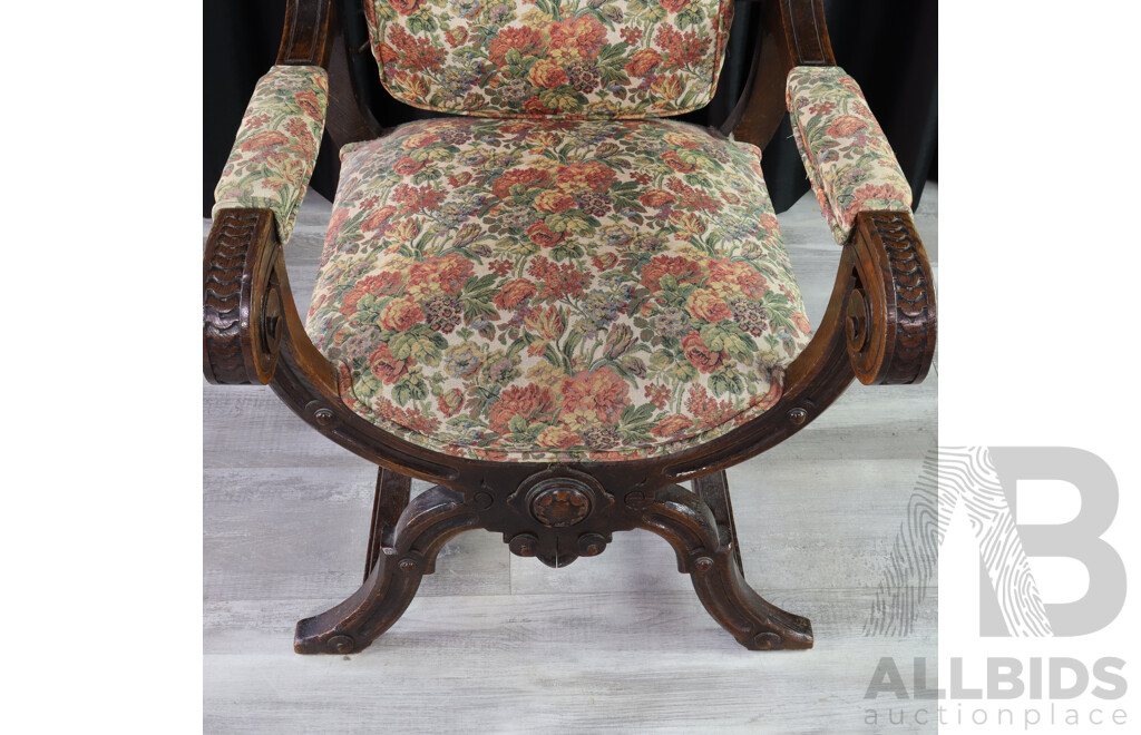 Antique Carved Wooden Throne Chair with Floral Fabric Upholstery