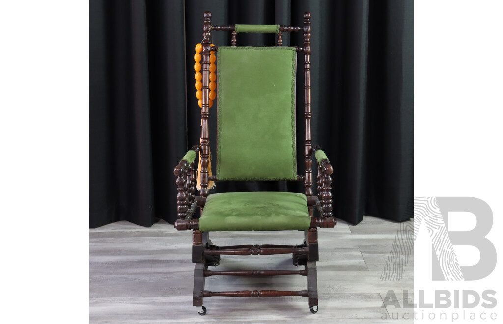 Antique Carved Rocking Chair with Green Velvet Upholstery