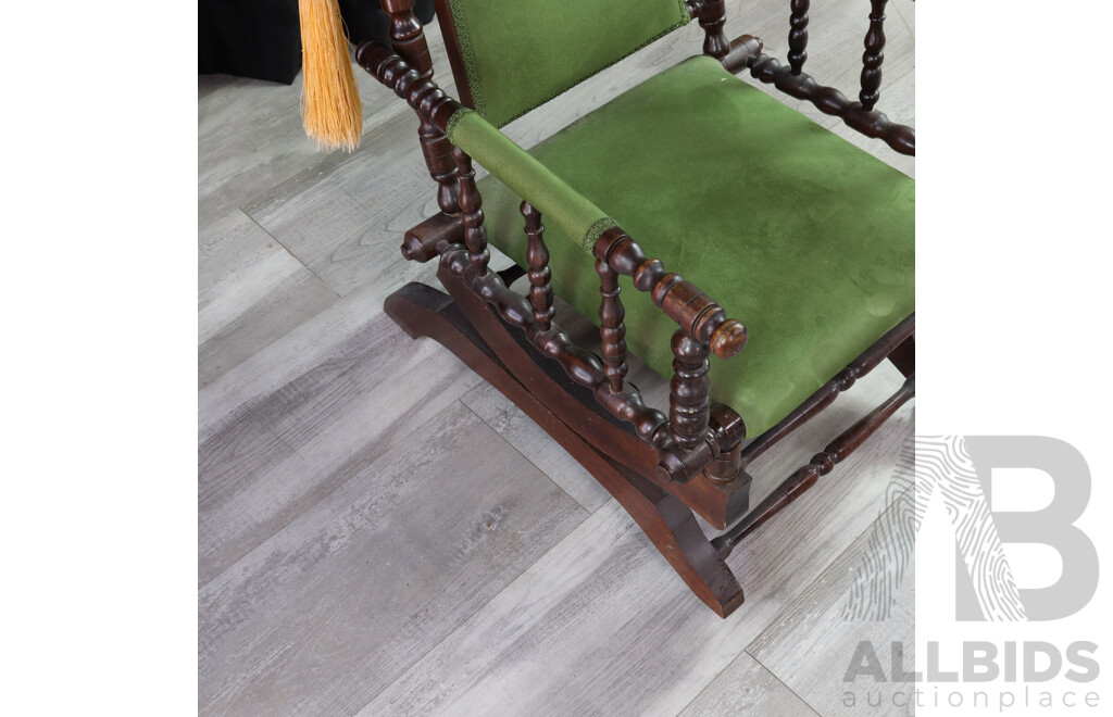 Antique Carved Rocking Chair with Green Velvet Upholstery