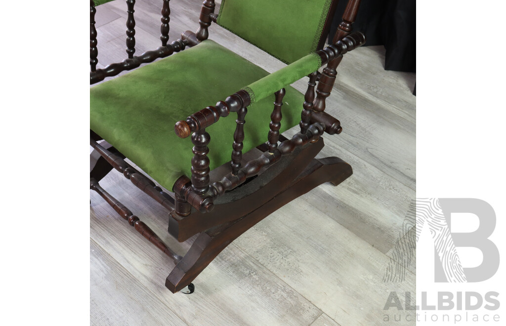 Antique Carved Rocking Chair with Green Velvet Upholstery