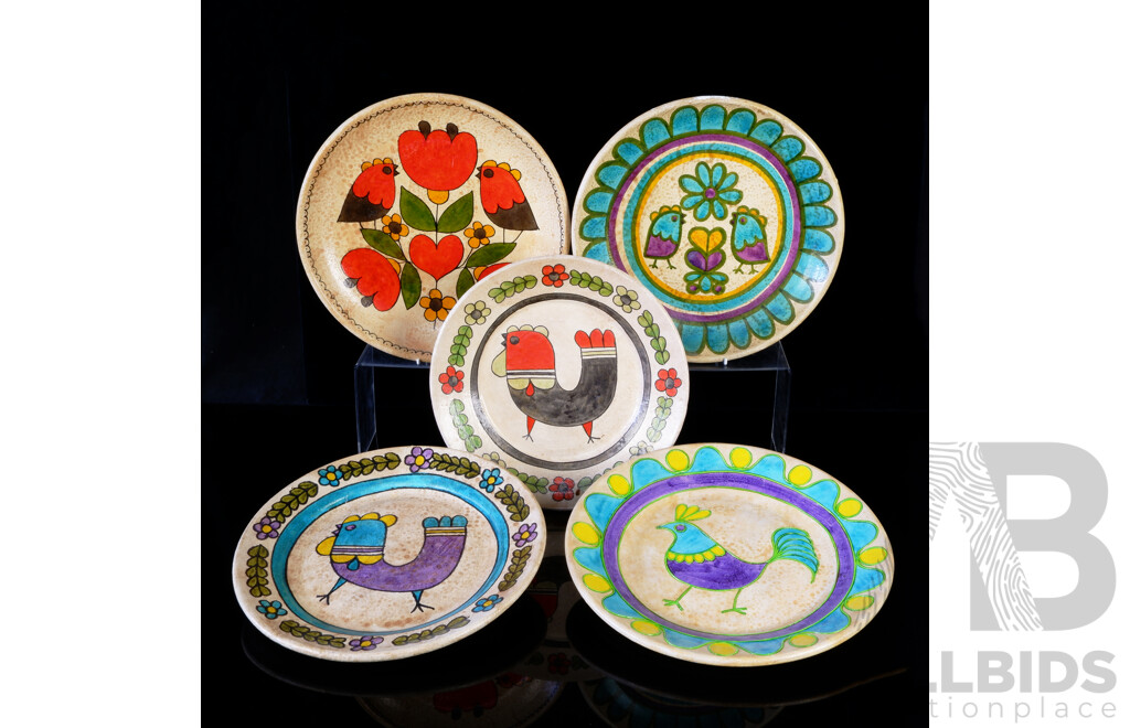 Collection Five Retro 1978 Hand Painted Portuguese Pottery Display Plates by Carmo Saude