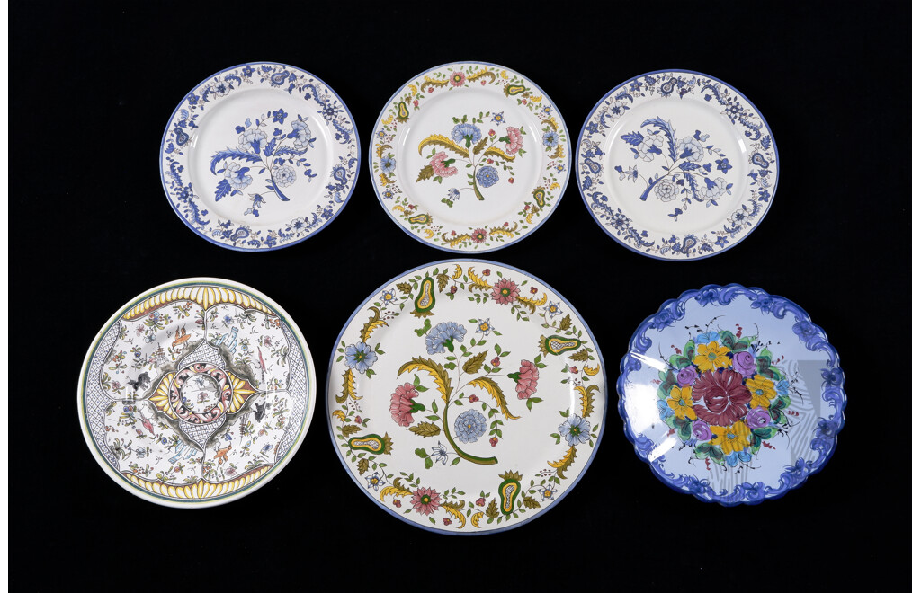 Collection Six Retro Hand Painted Portuguese Pottery Display Plates