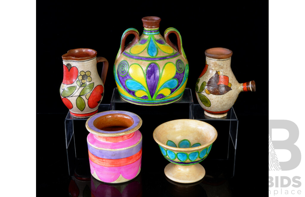 Collection Hand Painted Portuguese Pottery Items by Carmo Saude Comprising Twin Handled Vessel, Jug, Footed Dish, Canister & Chocolate Pot