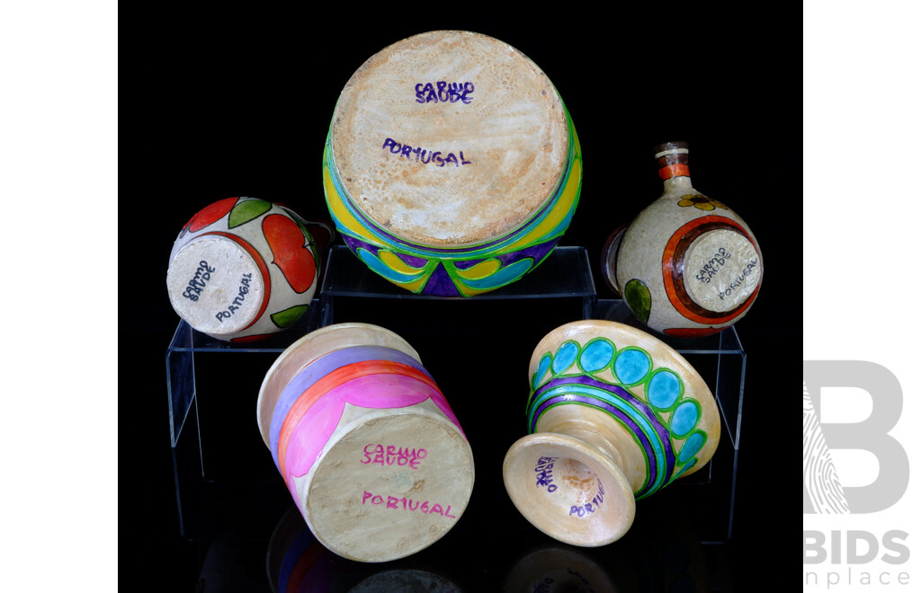 Collection Hand Painted Portuguese Pottery Items by Carmo Saude Comprising Twin Handled Vessel, Jug, Footed Dish, Canister & Chocolate Pot