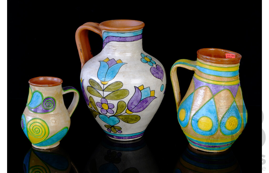 Collection Three Hand Painted Portuguese Pottery Jugs by Carmo Saude