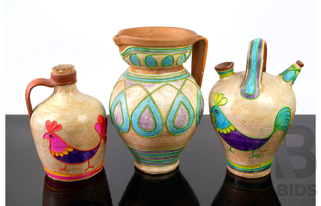 Collection Three Hand Painted Portuguese Pottery Items by Carmo Saude Comprising Large Jug & Two Different Pitchers