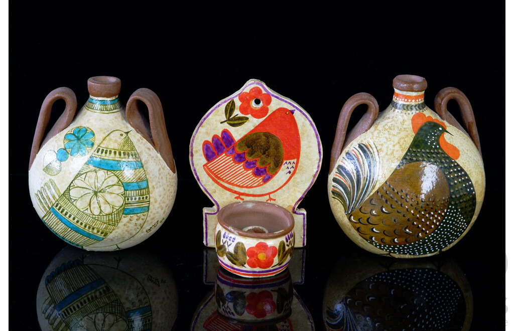 Collection Three Hand Painted Portuguese Pottery Items by Carmo Saude Comprising Two Flat Back Pitchers and Wall Mounted Candle Holder