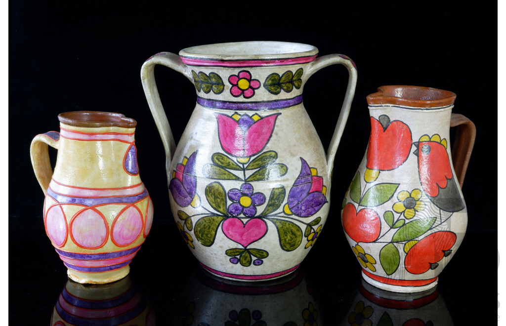 Collection Two Hand Painted Portuguese Pottery Jugs & One Twin Handled Large Vase by Carmo Saude