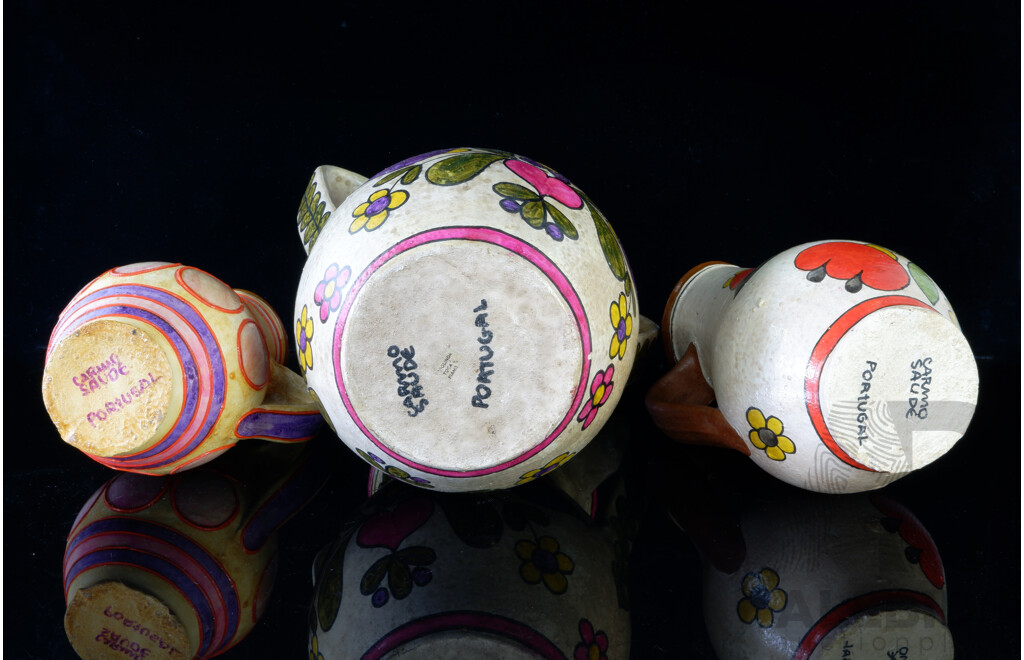 Collection Two Hand Painted Portuguese Pottery Jugs & One Twin Handled Large Vase by Carmo Saude