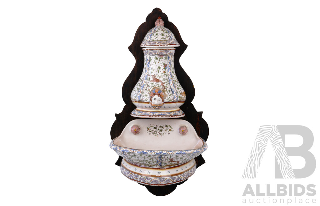 Wall Mounted Hand Painted Portuguese Pottery Decorative Three Part Fountain