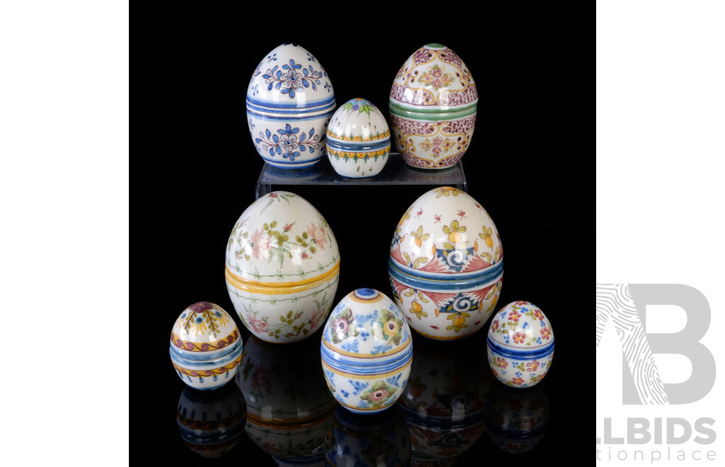 Collection Eight Hand Painted Portuguese Pottery Decorative Lidded Eggs