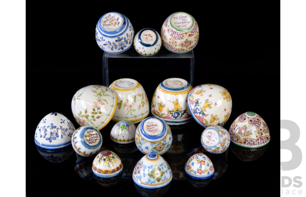 Collection Eight Hand Painted Portuguese Pottery Decorative Lidded Eggs