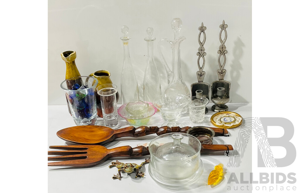 Collection Decorative PIeces Including Glass, Ceramic, Pair Pewter Wall Mounted Candle Holders, Retro Carved Wooden Salad Servers and More